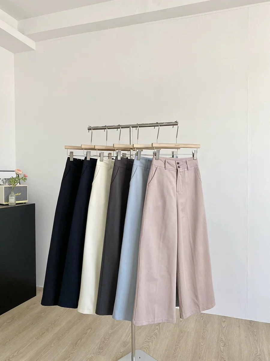 Simple solid color two-button high-waisted casual pants for women spring 2025 new Korean style loose and versatile wide-leg trousers trendy - EHAORUI