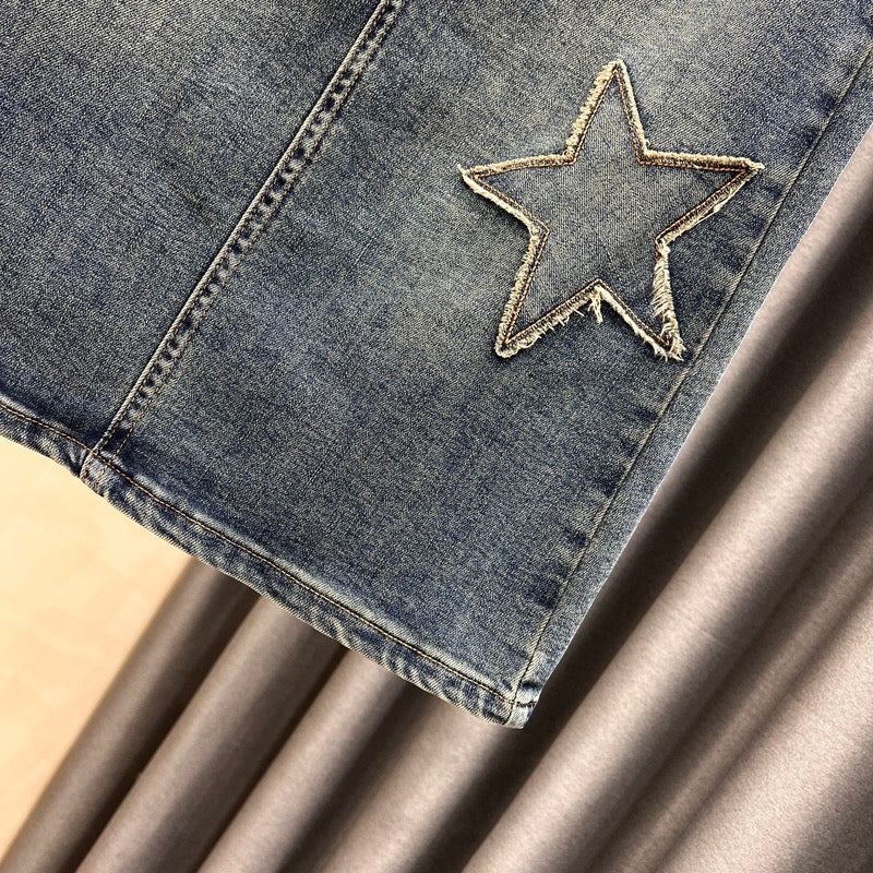 Retro denim skirt women's mid-length spring and summer new slimming and thin star slit high waist a-line bag hip skirt - EHAORUI