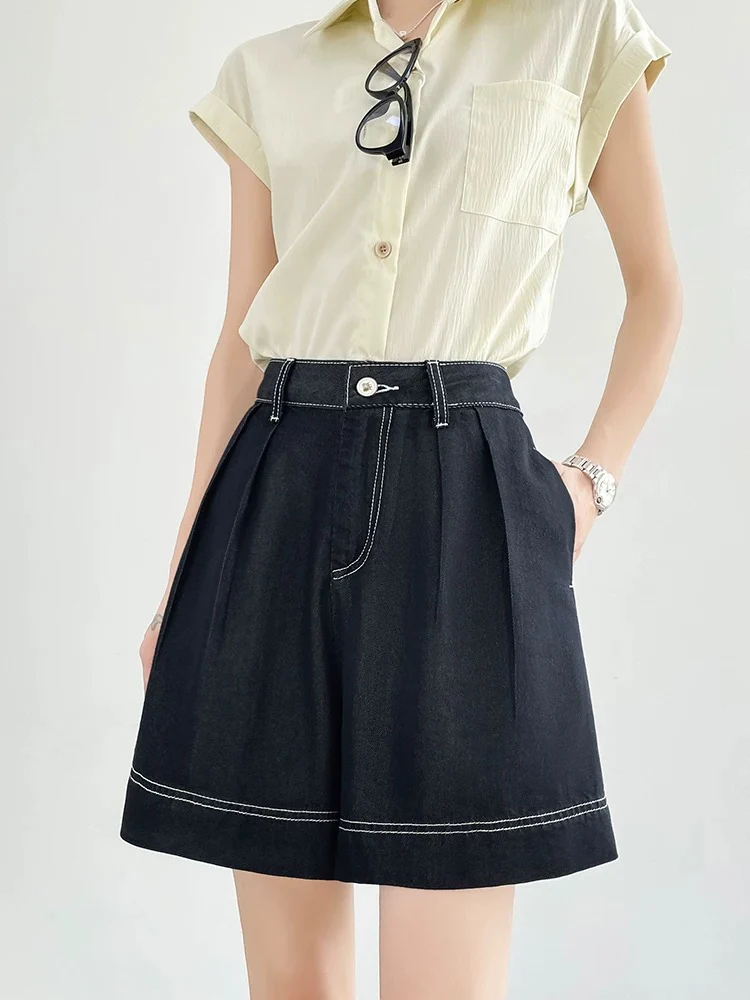 Denim blue sky silk soft denim shorts women's summer new high waist loose slim straight 5-point shorts thin - EHAORUI