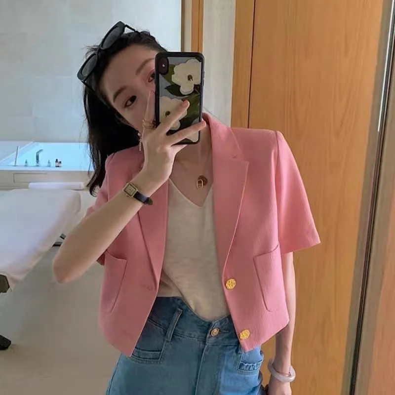2023 new summer small scented wind suit thin jacket women's short-sleeved small casual suit short top - EHAORUI