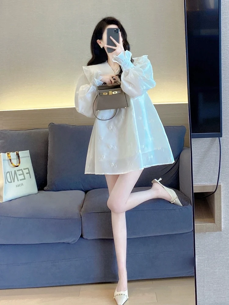 White baby doll dress 2023 new spring and autumn small loose large size temperament sweet fluffy a-line dress for women - EHAORUI