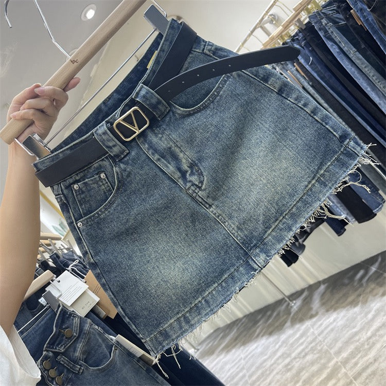Original tide brand 2023 early spring new retro light blue denim skirt high waist sexy a-line skirt female - EHAORUI