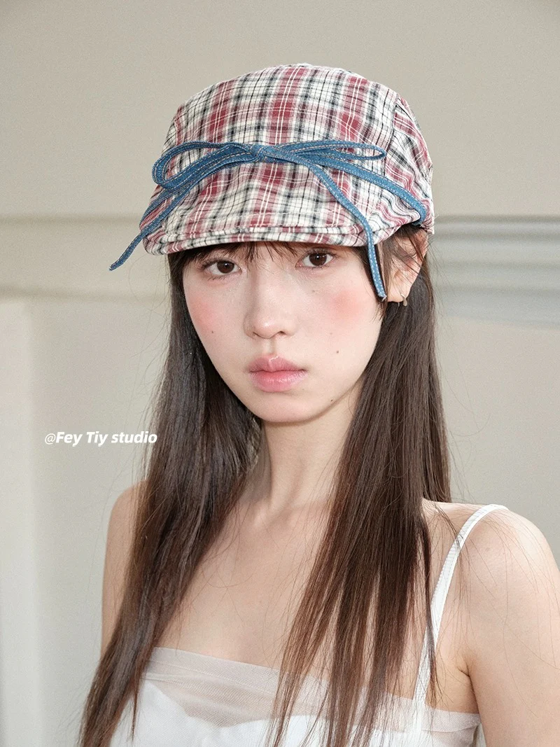 feytiy American sweetheart plaid forward hat strap bow personalized peaked cap subculture cool spring and summer - EHAORUI