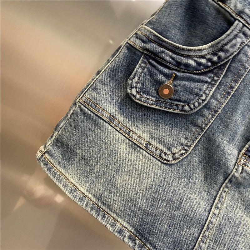 Original trendy brand 2023 early spring new retro blue denim skirt double pocket design hip sexy skirt - EHAORUI