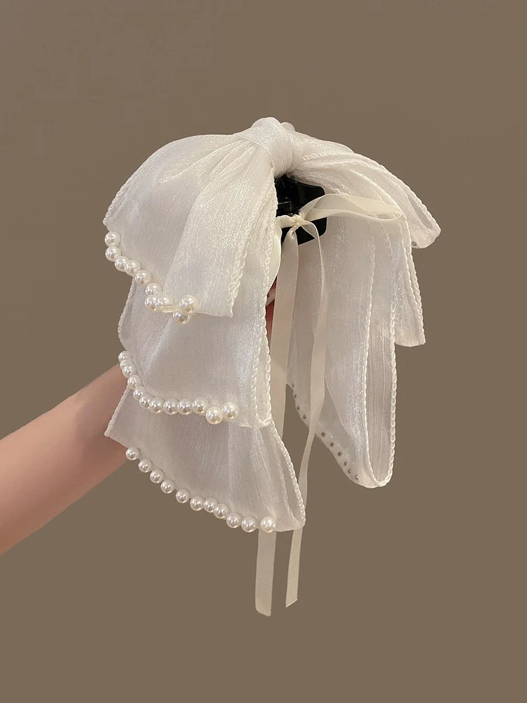 Pearl streamer bow clip clip women's back of head shark clip hairpin clip headwear half-tied high ponytail hairpin - EHAORUI