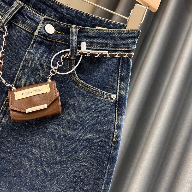 Raw edge slit denim skirt women's autumn new solid color all-match age-reducing slim retro high waist bag hip dress - EHAORUI