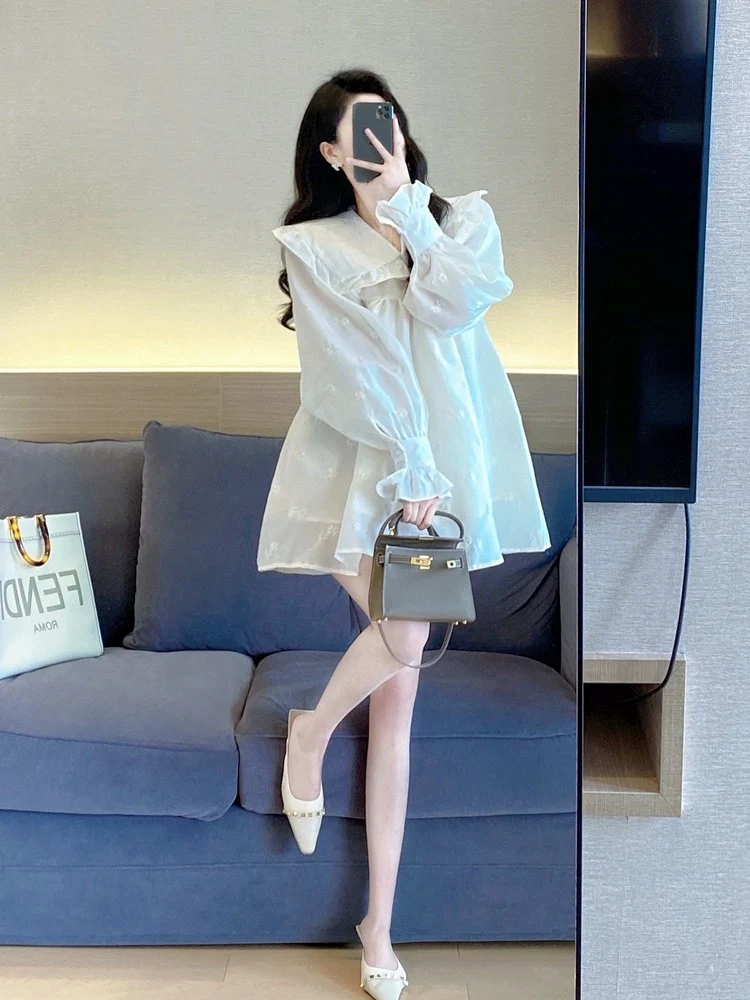 White baby doll dress 2023 new spring and autumn small loose large size temperament sweet fluffy a-line dress for women - EHAORUI