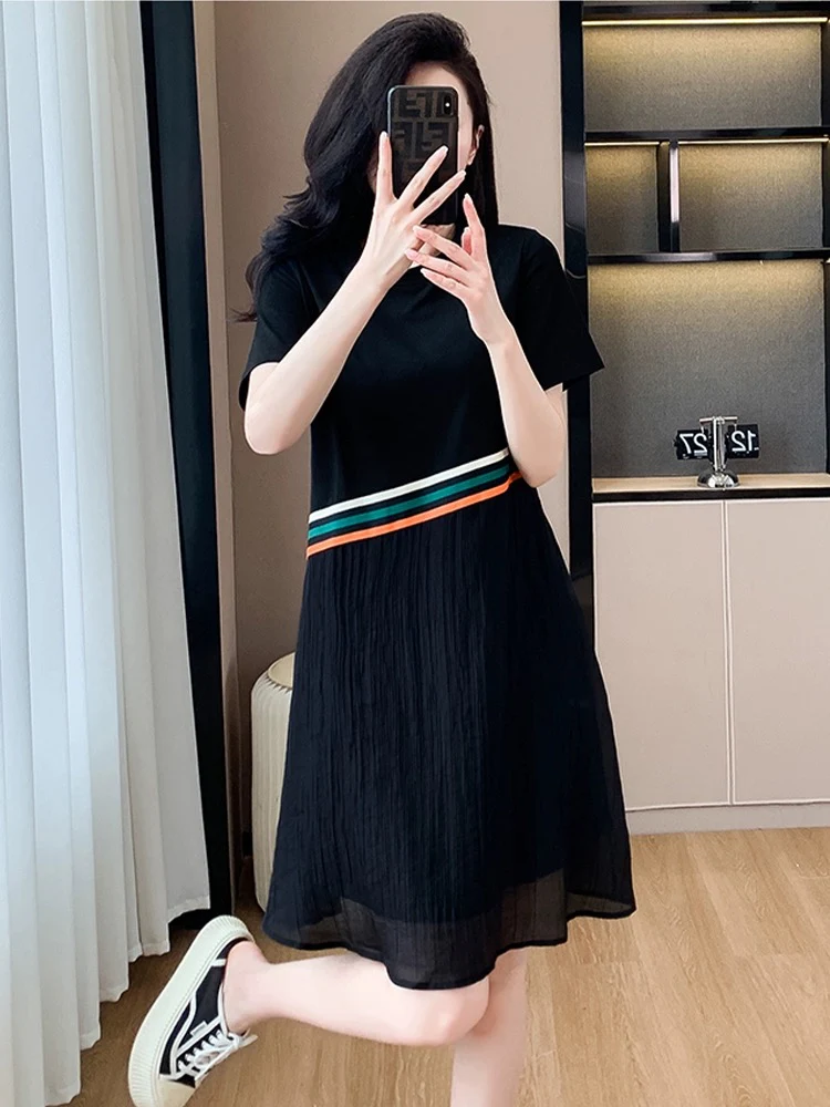 2024 new summer Korean style fashionable loose slim casual dress spliced with contrasting chiffon little black skirt - EHAORUI