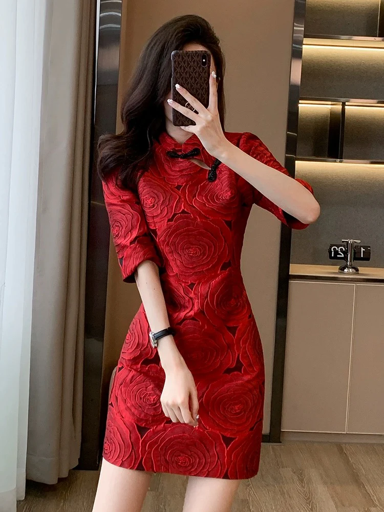 New Chinese style red jacquard dress for women spring 2024 new temperament small improved cheongsam skirt - EHAORUI