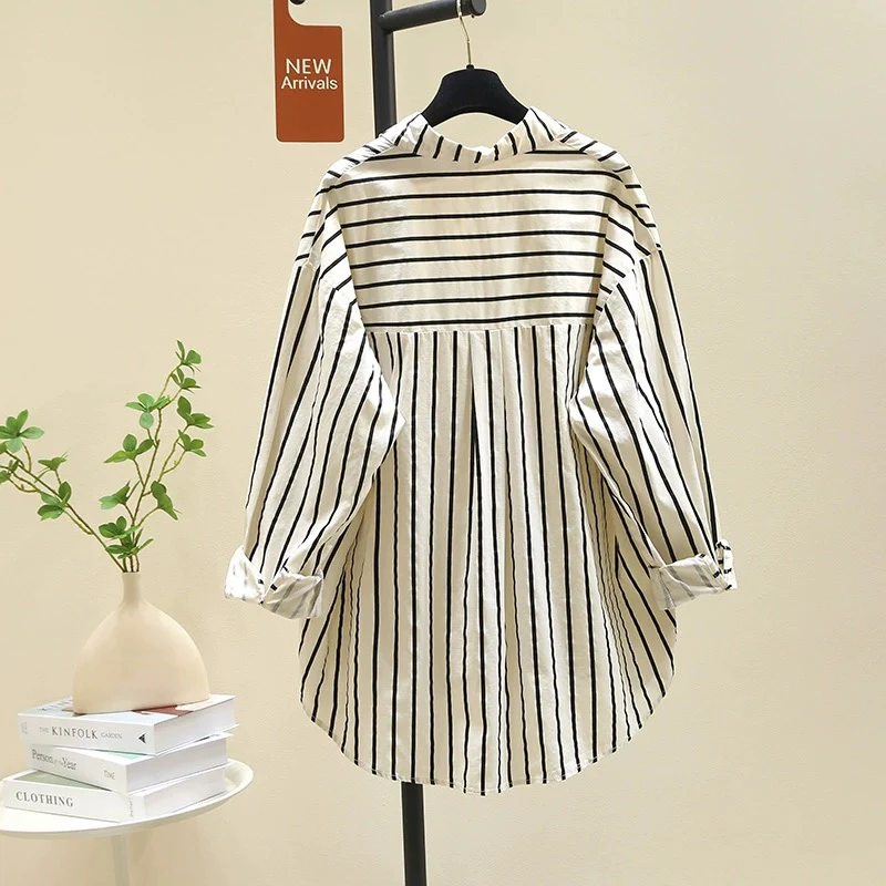 High-end mid-length black striped shirt for women 2024 spring new Korean loose design shirt tops - EHAORUI
