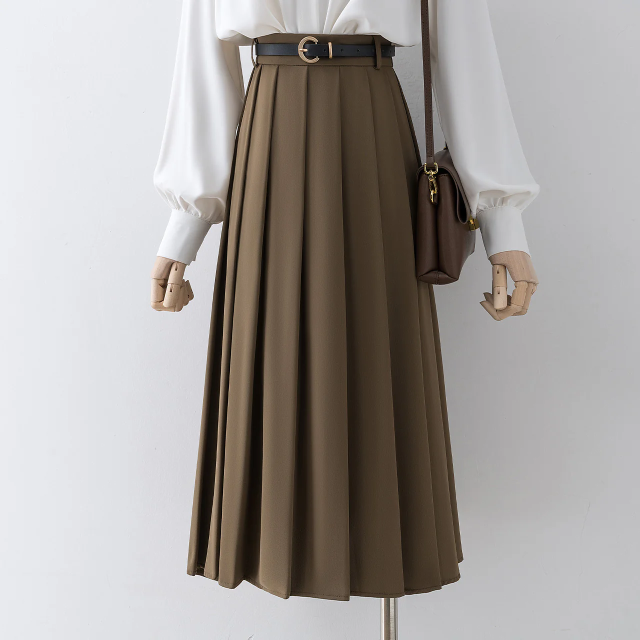 Khaki pleated skirt 2022 autumn and winter new high waist a-line skirt women's spring and autumn mid-length skirt skirt - EHAORUI