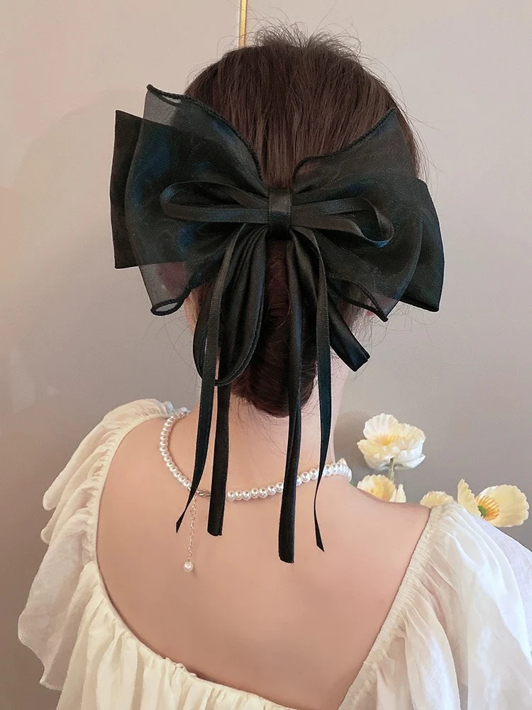 Super fairy ribbon big bow hairpin female back head spring clip temperament shark clip top clip hair accessories clip headdress - EHAORUI