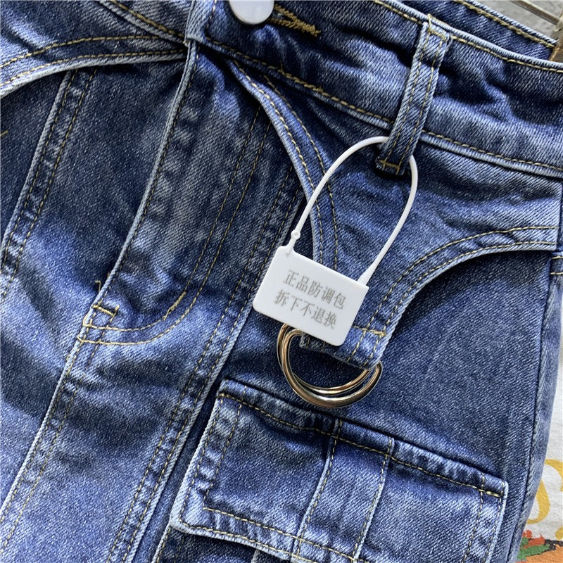 Original European goods 2023 spring new hot girl blue elastic denim bag hip skirt high waist small a-line skirt - EHAORUI