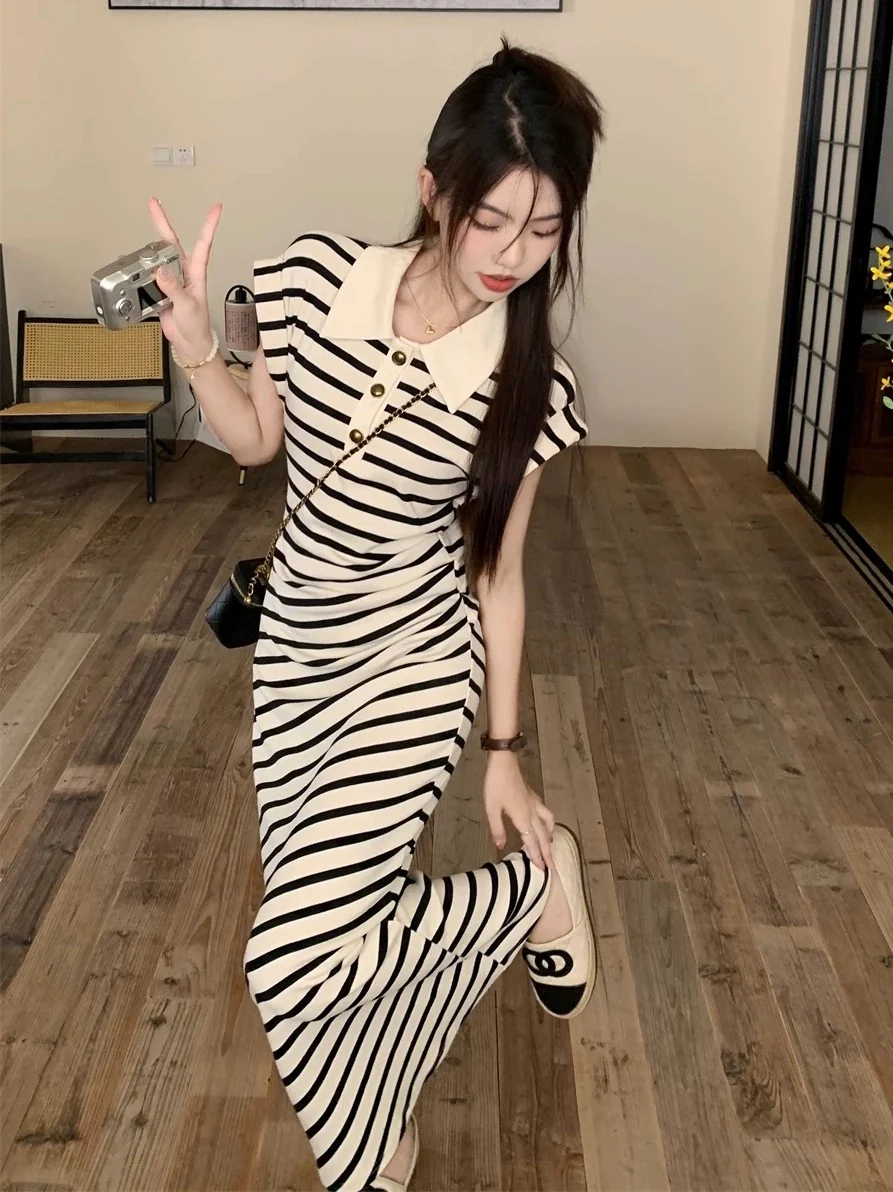 French high-end temperament polo collar striped knitted dress 2024 summer slim slim long skirt for women - EHAORUI