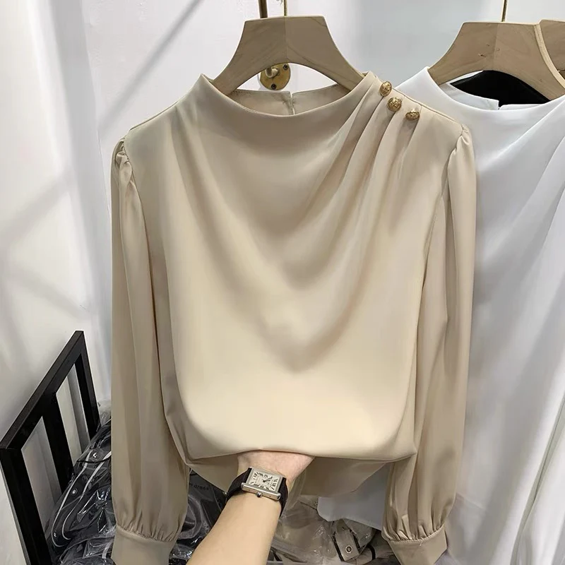 2021 autumn new European goods design sense temperament solid color shoulder nail bead pullover long-sleeved chiffon shirt women's thin shirt - EHAORUI