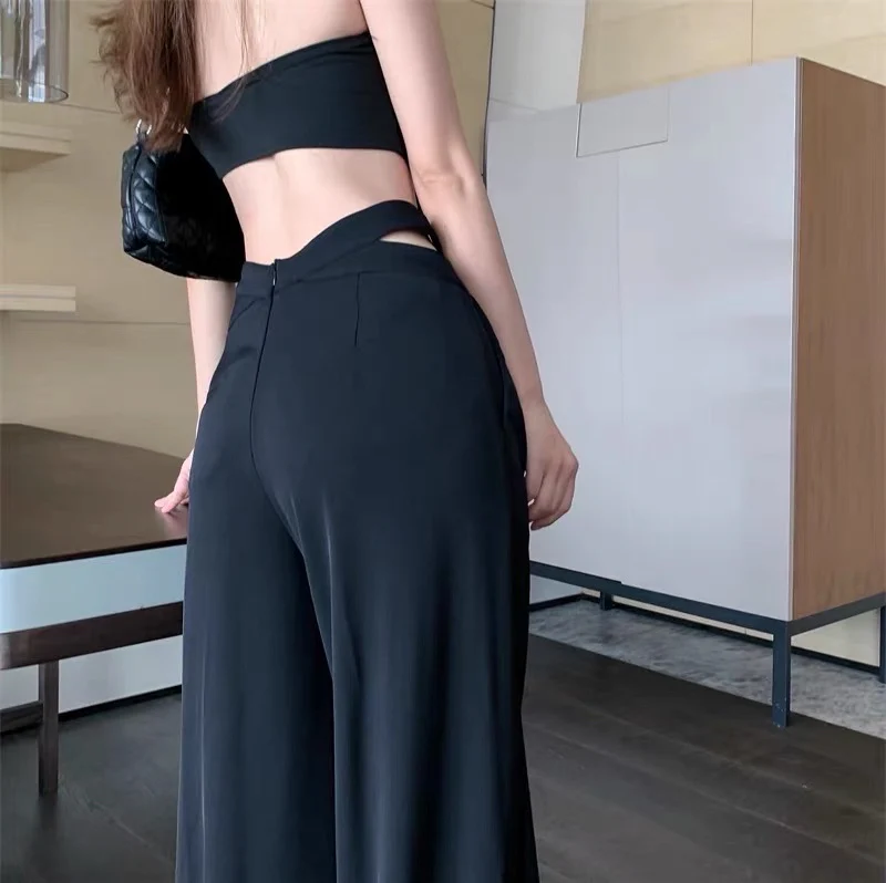 Design sense niche wide-leg suit casual pants women's clothing early autumn mopping trousers black high waist loose drape pants - EHAORUI