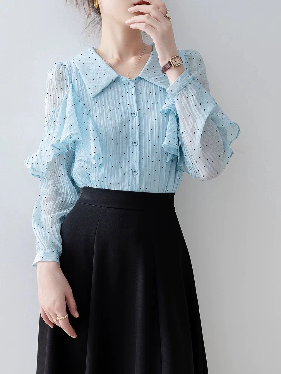 2024 early spring new women's blue polka dot long-sleeved shirt, chic and beautiful small top, ruffled chiffon shirt - EHAORUI