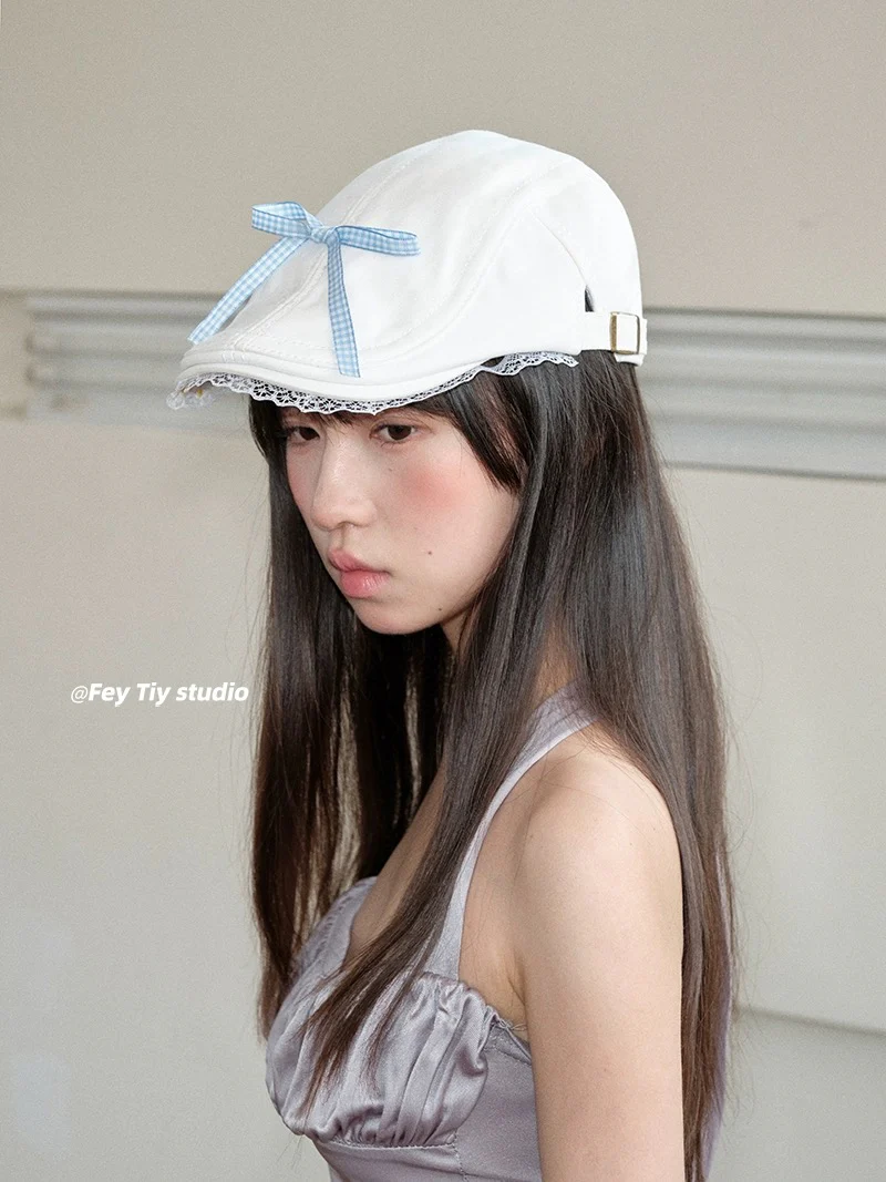 feytiy sweet cool forward hat strap bow lace cap niche personality spring and summer new style - EHAORUI