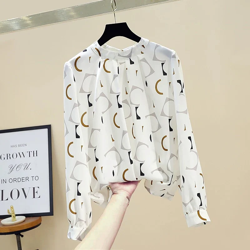 Women's floral shirt women's summer design sense age-reducing lantern sleeves stand-up collar chiffon shirt spring and autumn - EHAORUI