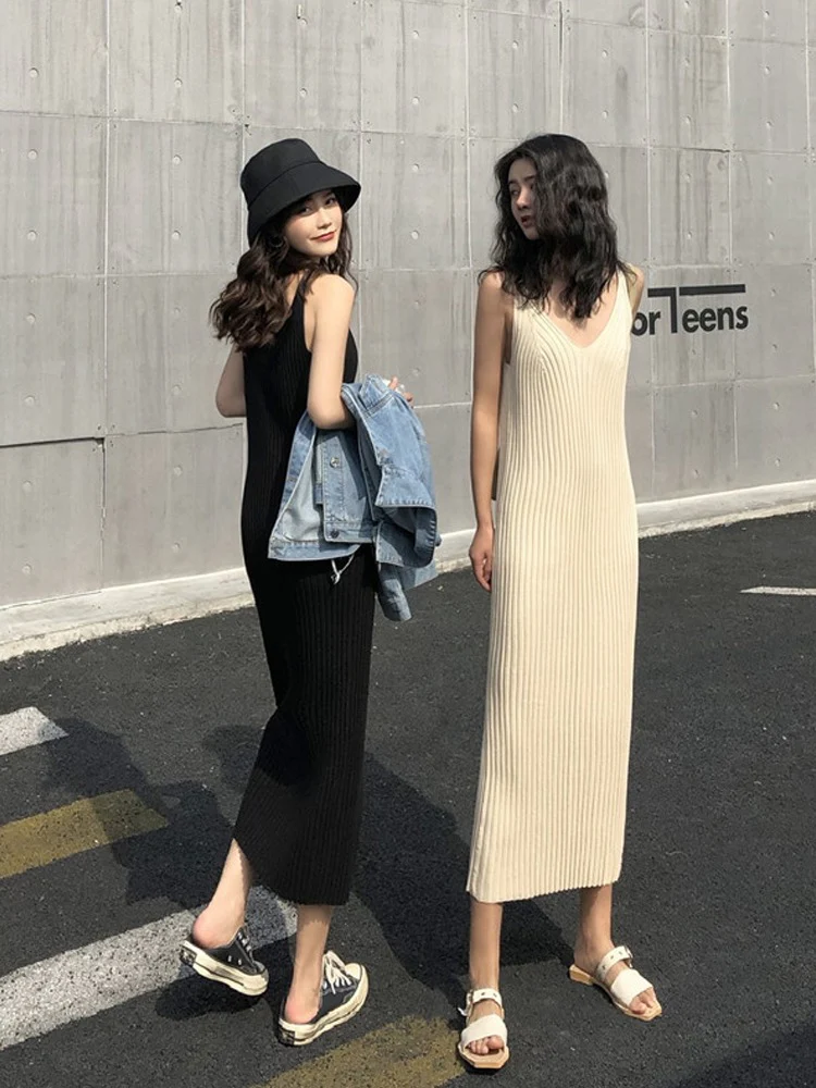 Black knitted suspender dress spring and autumn 2022 new women's skirt loose all-match temperament bottoming midi skirt - EHAORUI
