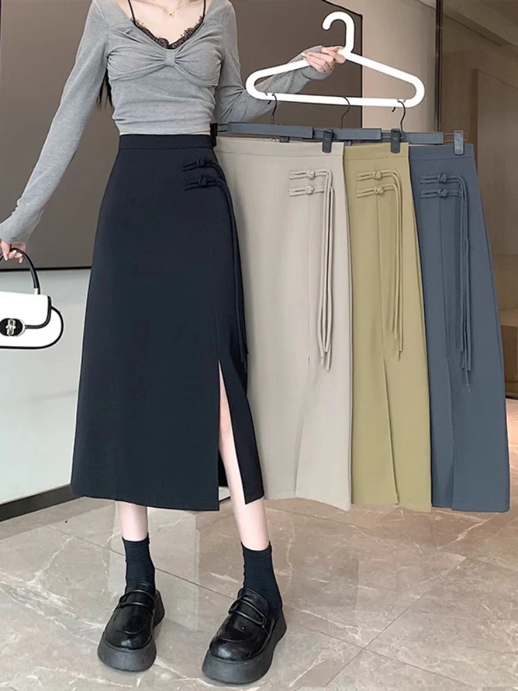 New Chinese-style slit skirt for women spring and summer 2024 new high-waist slim A-line hip-hugging Chinese-style mid-length skirt - EHAORUI
