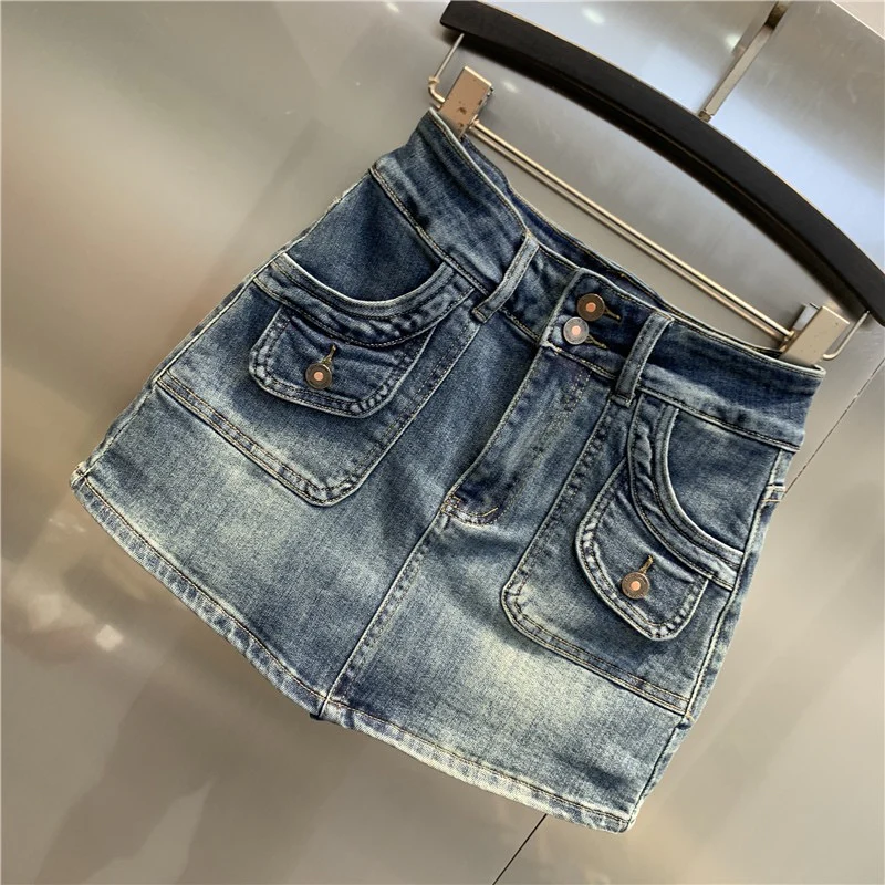 Original trendy brand 2023 early spring new retro blue denim skirt double pocket design hip sexy skirt - EHAORUI