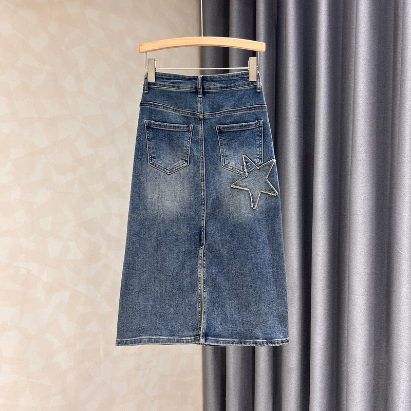 Retro denim skirt women's mid-length spring and summer new slimming and thin star slit high waist a-line bag hip skirt - EHAORUI