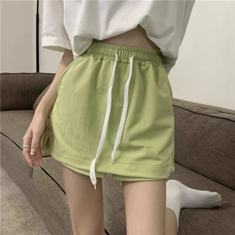 Casual shorts women's summer fake two-piece design elastic waist all-match hakama loose high waist thin wide leg pants - EHAORUI