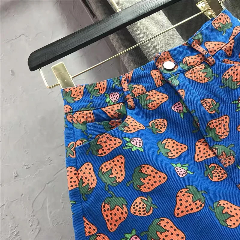 Denim Short Skirt Strawberry Print Skirt 2022 Autumn New Thin High Waist Ins Super Fire Hip A-line Skirt q119 - EHAORUI