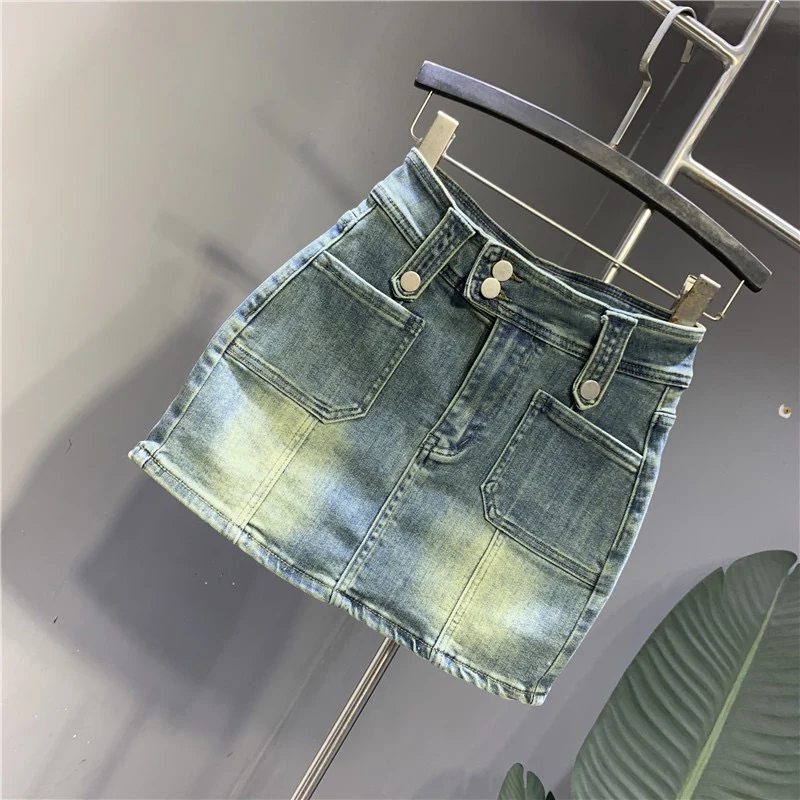 Retro denim skirt women's Hong Kong style hot girl hakama 2023 spring new high waist slimming a-line bag hip skirt - EHAORUI