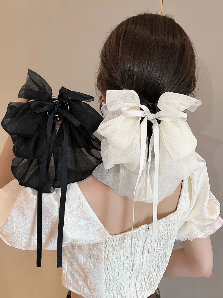 French gentle temperament bow ribbon grab clip showing face small back head hair clip shark clip hair accessories clip - EHAORUI