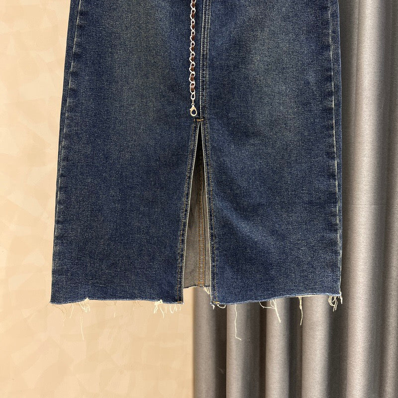 Raw edge slit denim skirt women's autumn new solid color all-match age-reducing slim retro high waist bag hip dress - EHAORUI