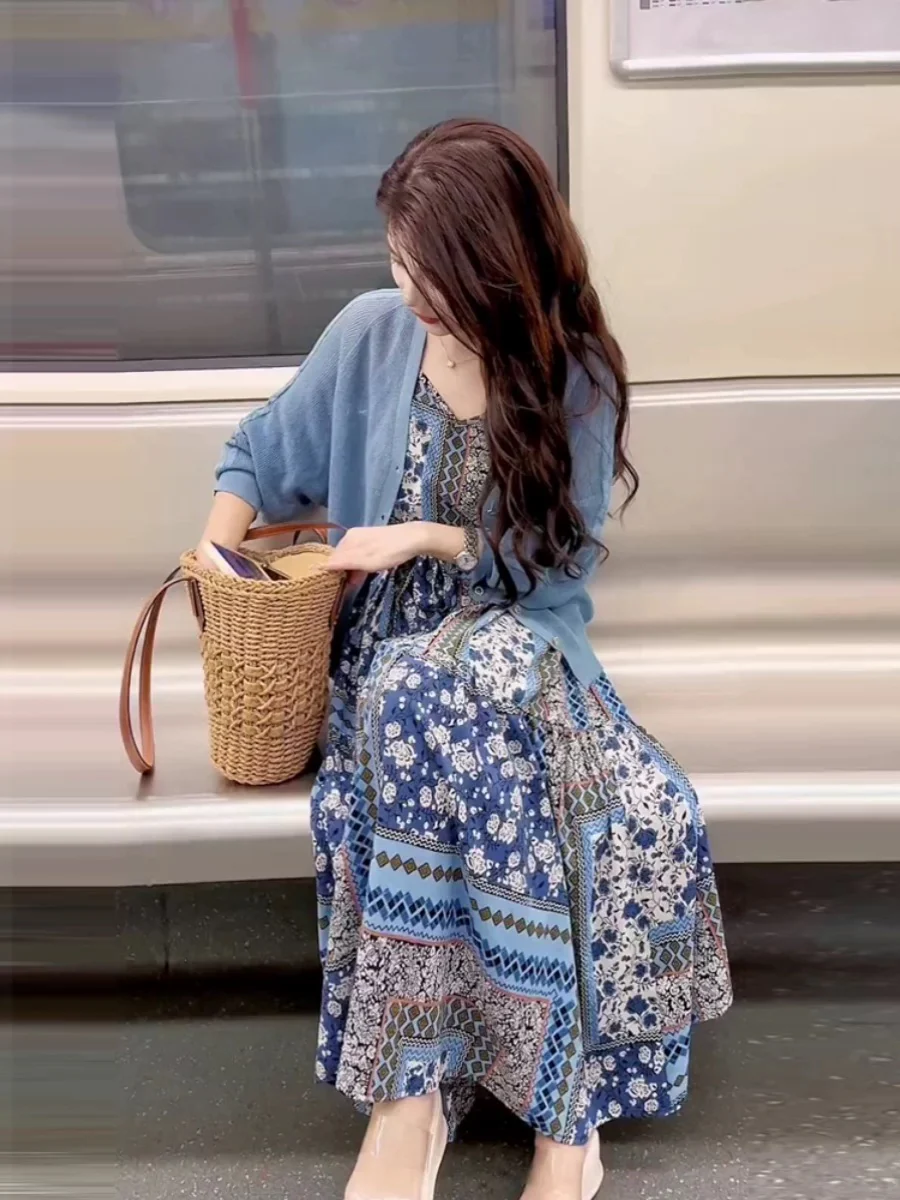 This year's popular beautiful suit long skirt women's petite high-end fashion blue sweater tea break French dress - EHAORUI