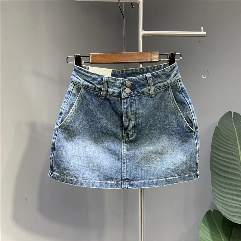 European goods 2023 spring new retro blue denim short skirt double button buckle non-bullet anti-light a-line sexy skirt - EHAORUI