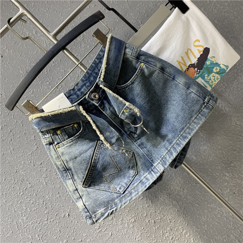 Original 2023 spring new retro light blue denim a-line skirt sexy zipper pocket petite skirt - EHAORUI
