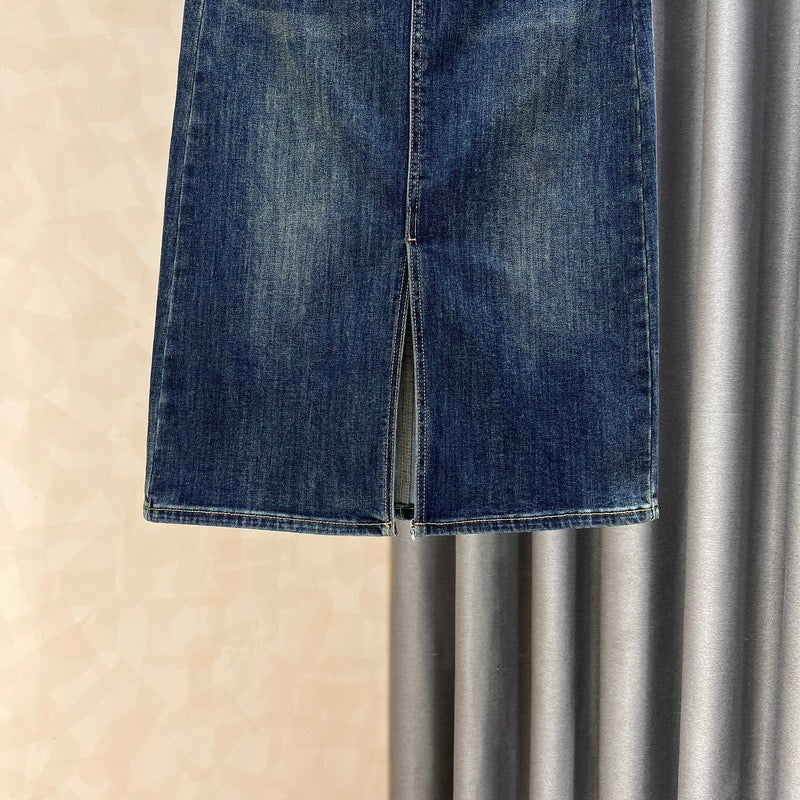 Dark denim skirt women's mid-length autumn new slim fit and thin front slit high waist a-line bag hip skirt - EHAORUI