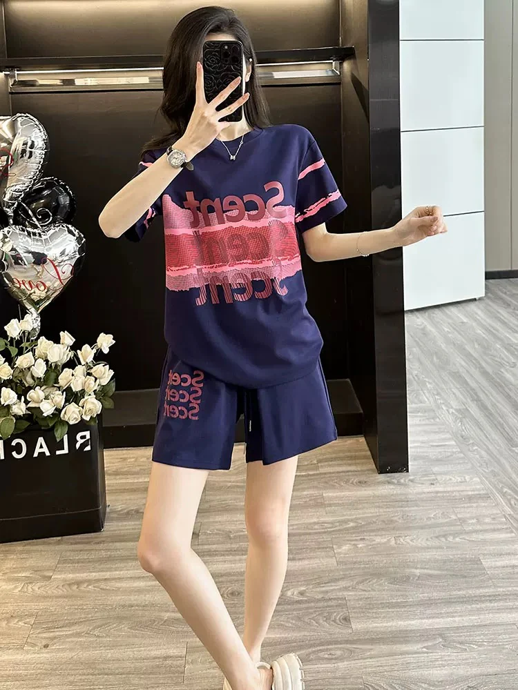 Printed short-sleeved sports suit for women in summer 2025 casual fashion shorts two-piece suit loose trendy age-reducing running and slimming - EHAORUI