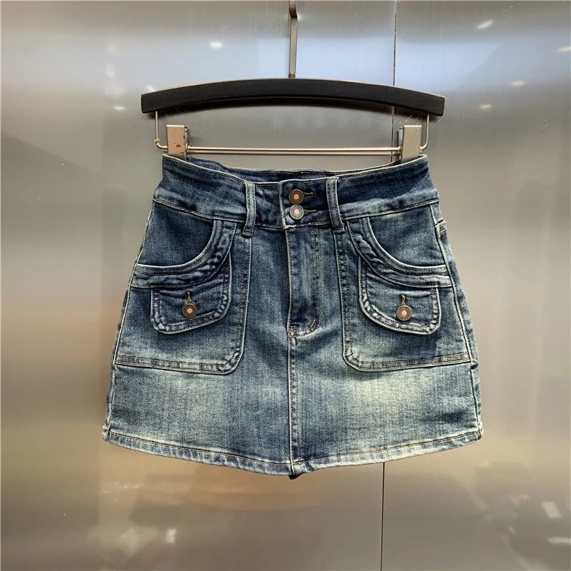 Original trendy brand 2023 early spring new retro blue denim skirt double pocket design hip sexy skirt - EHAORUI