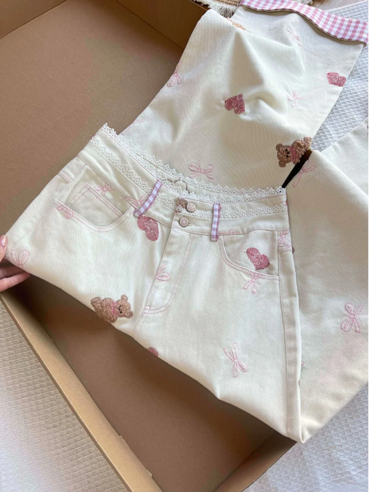 Plus size fat mm all-match autumn and winter cute bow bear embroidery soft and sticky girlish style jeans - EHAORUI