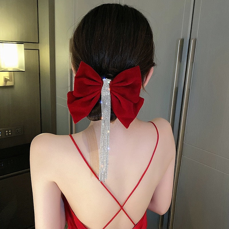 Elegant velvet bow headband hairpin for women autumn and winter Korean top clip tassel sparkling diamond spring clip hairpin hair accessories trendy - EHAORUI