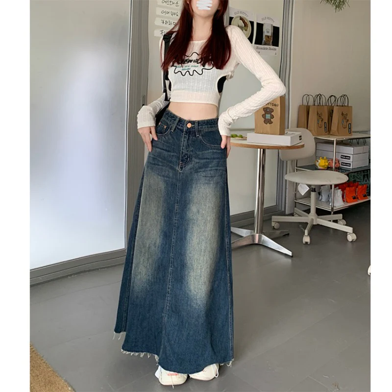 Korean version of high waist retro denim skirt women's spring a-line umbrella skirt straight skirt design sense mid-length skirt - EHAORUI