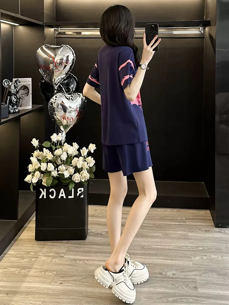 Printed short-sleeved sports suit for women in summer 2025 casual fashion shorts two-piece suit loose trendy age-reducing running and slimming - EHAORUI