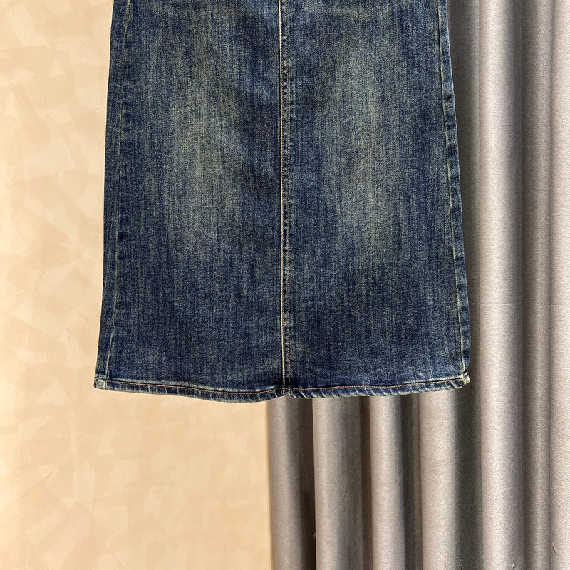 Contrasting color high waist denim skirt women's autumn new style thin all-match rear slit retro high waist bag hip long skirt - EHAORUI