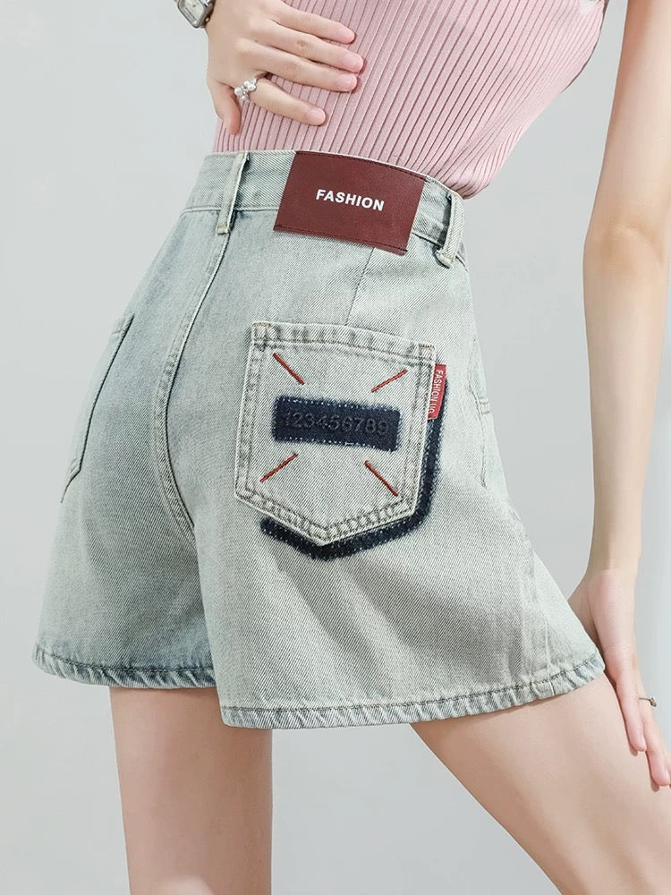 American contrast color denim shorts women's summer thin high waist slimming loose versatile hot girl wide leg A-line hot pants trend - EHAORUI