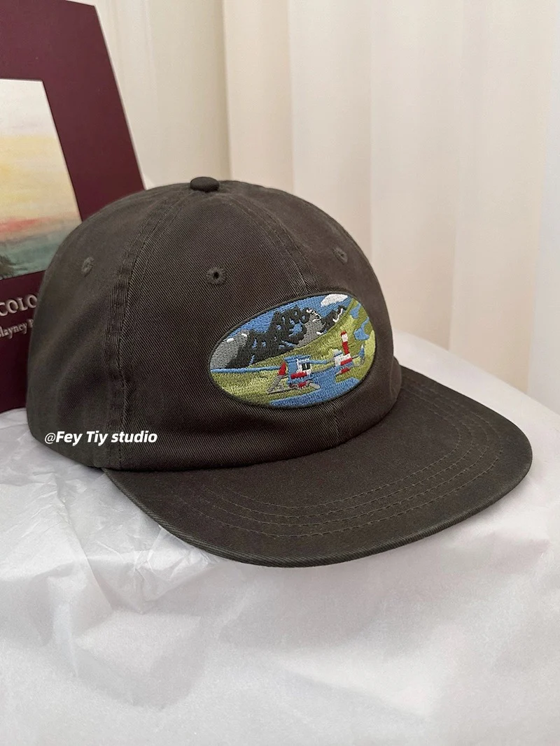 feytiy light pink flat brim cartoon embroidered baseball cap spring and summer sun protection face-shaping small fashionable peaked cap for women - EHAORUI