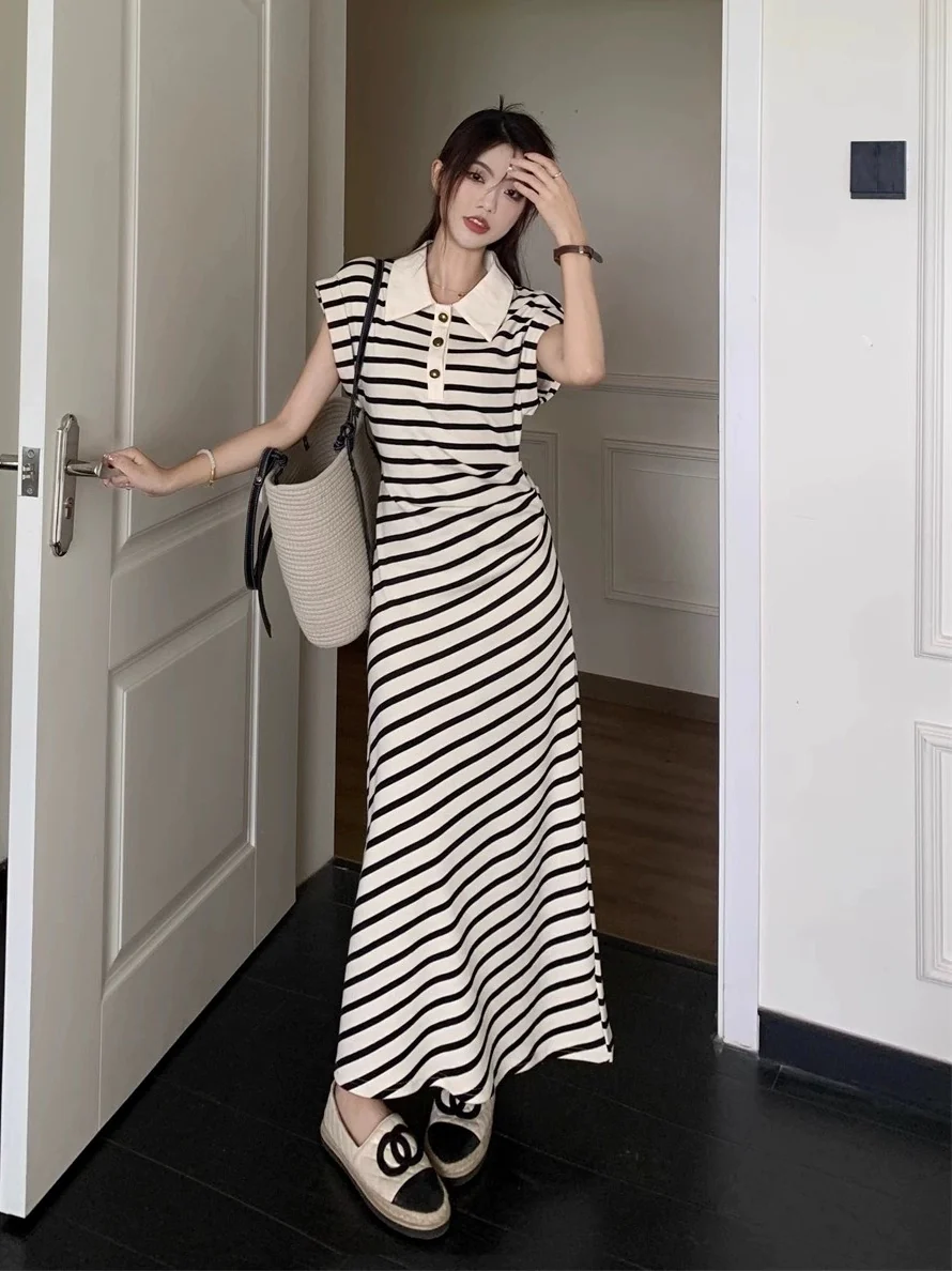 French high-end temperament polo collar striped knitted dress 2024 summer slim slim long skirt for women - EHAORUI