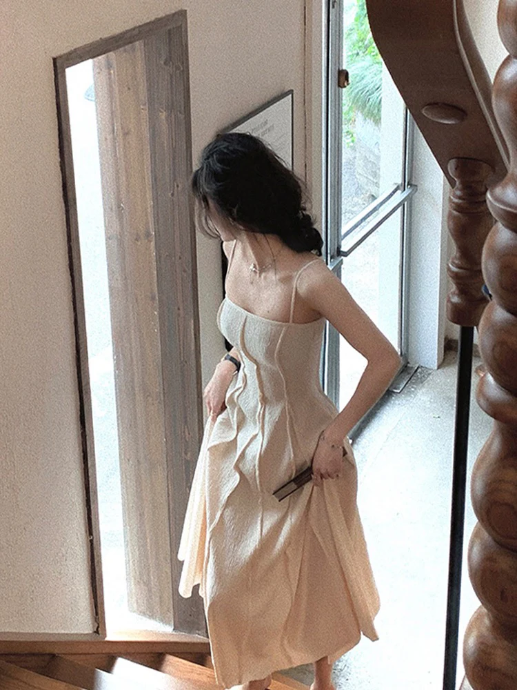 White sling dress women's summer 2023 new tea break French temperament waist slimming long skirt - EHAORUI