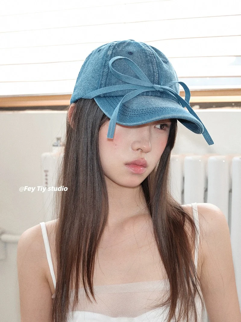 feytiy three-dimensional bow denim baseball cap strap versatile spring and summer sun protection casual Korean ins peaked cap - EHAORUI