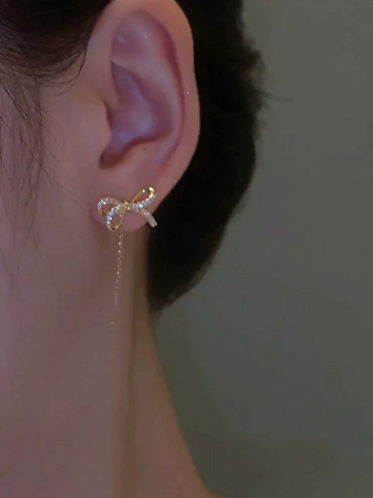 High-end golden bow earrings, long tassel earrings, elegant ear piercing earrings, 2023 new trendy women's thin - EHAORUI