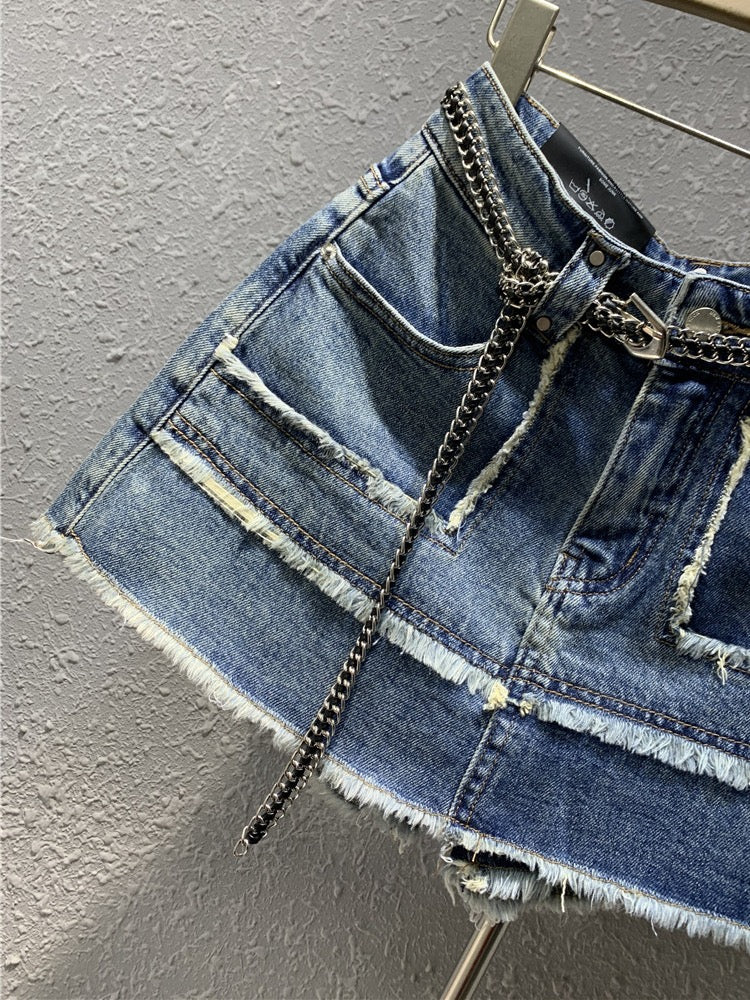 Original trendy brand 2023 spring new raw edge retro hot girl blue denim skirt small a-line half skirt - EHAORUI